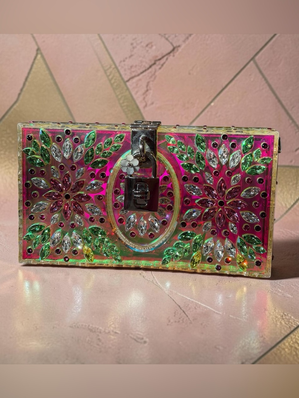 Dolce & Gabbana Iridescent Pink Jeweled Floral Clutch